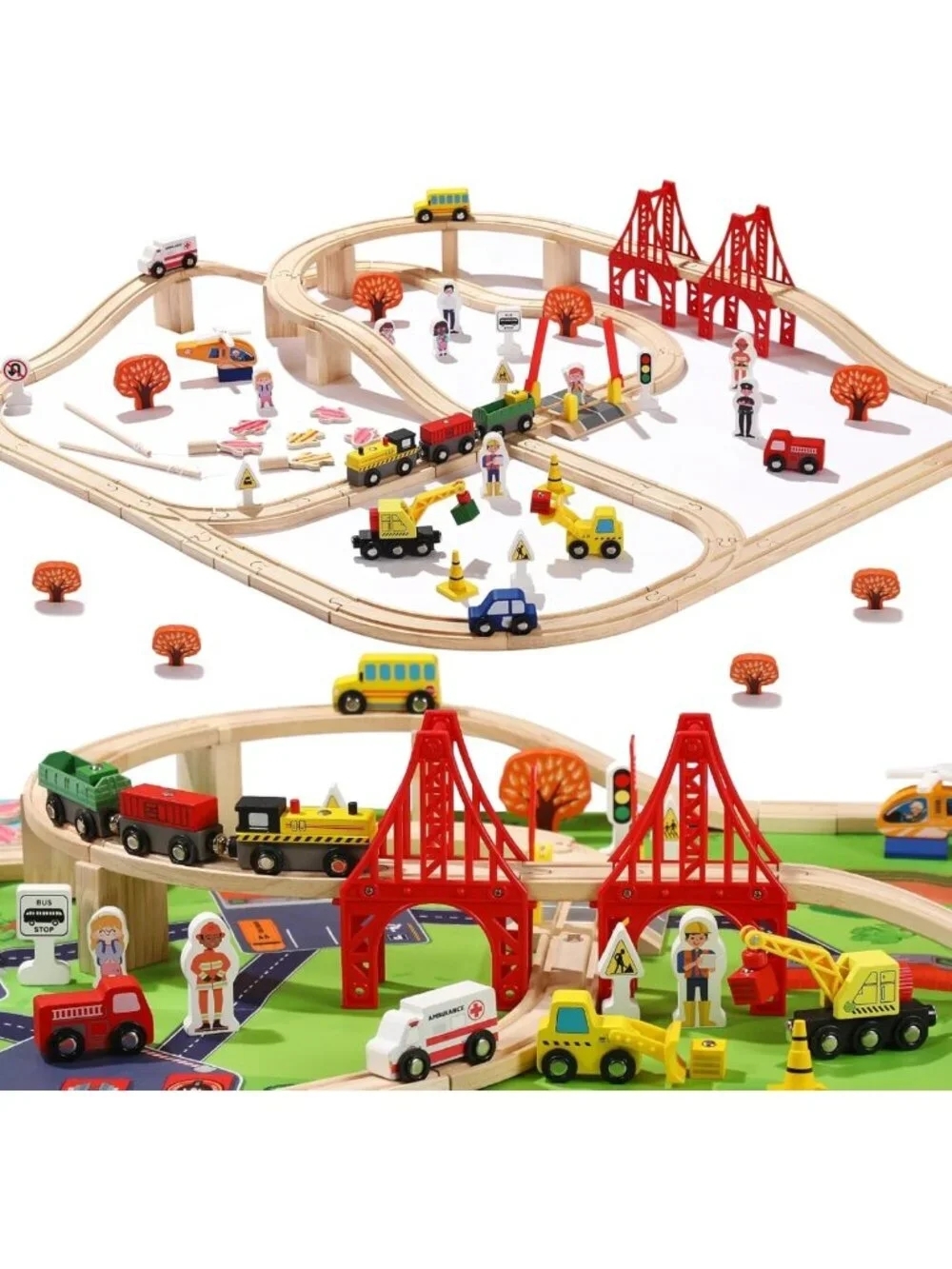100 Pcs Wooden Train Track Set for Kids, Compatible Railway Playset, Gift for